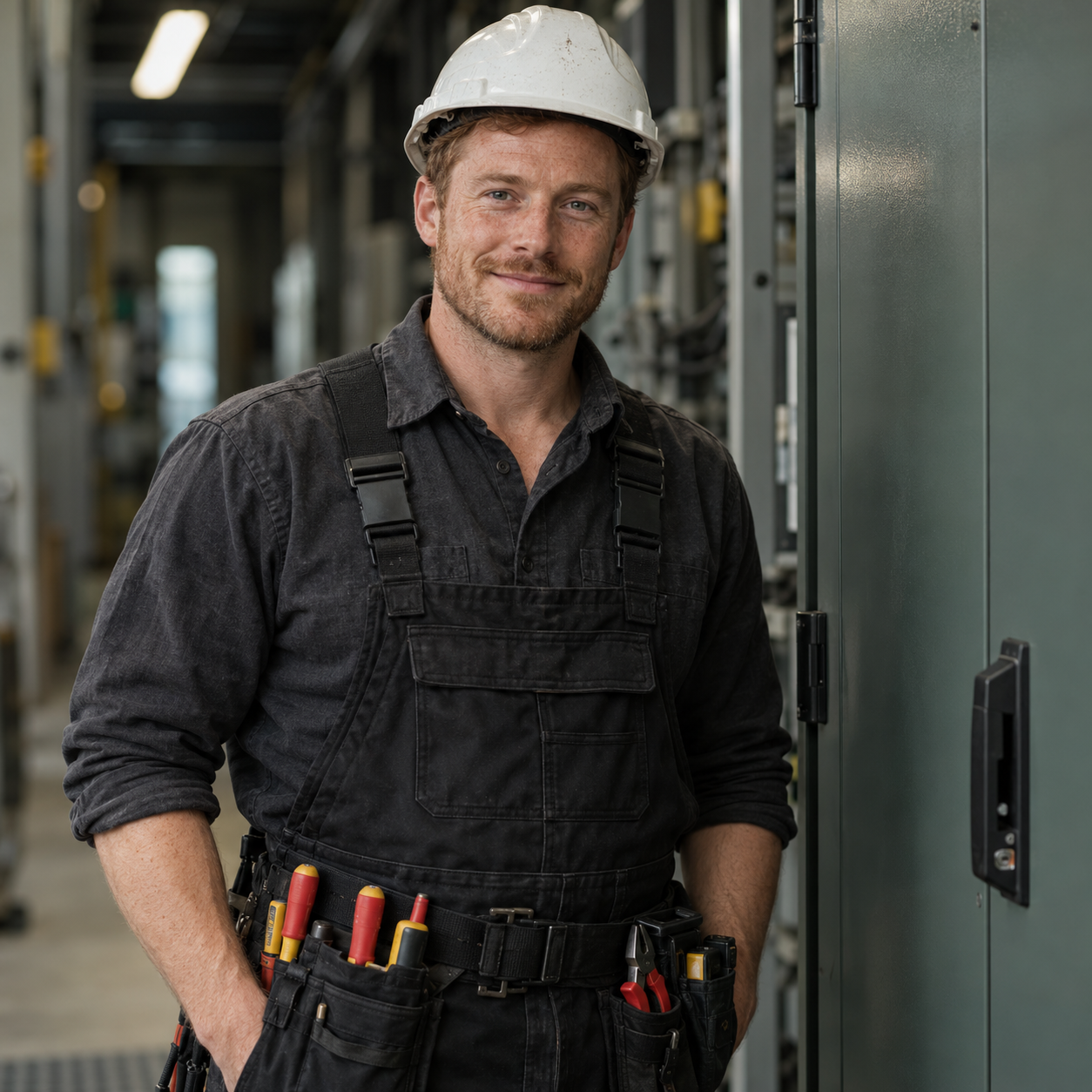 Owen Bennett beside electrical equipment
